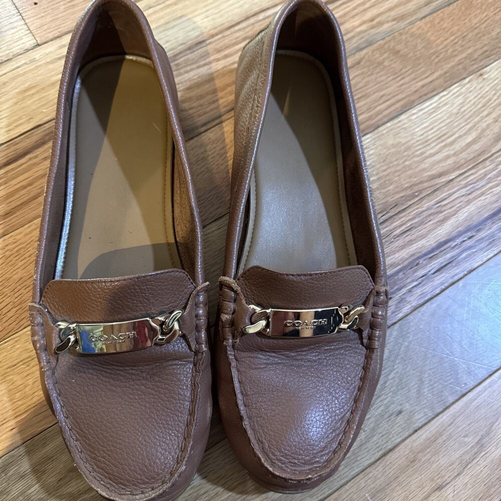 Coach Women's Brown Leather Slip-On Fredrica Loafers Logo Comfort Round Toe 9.5